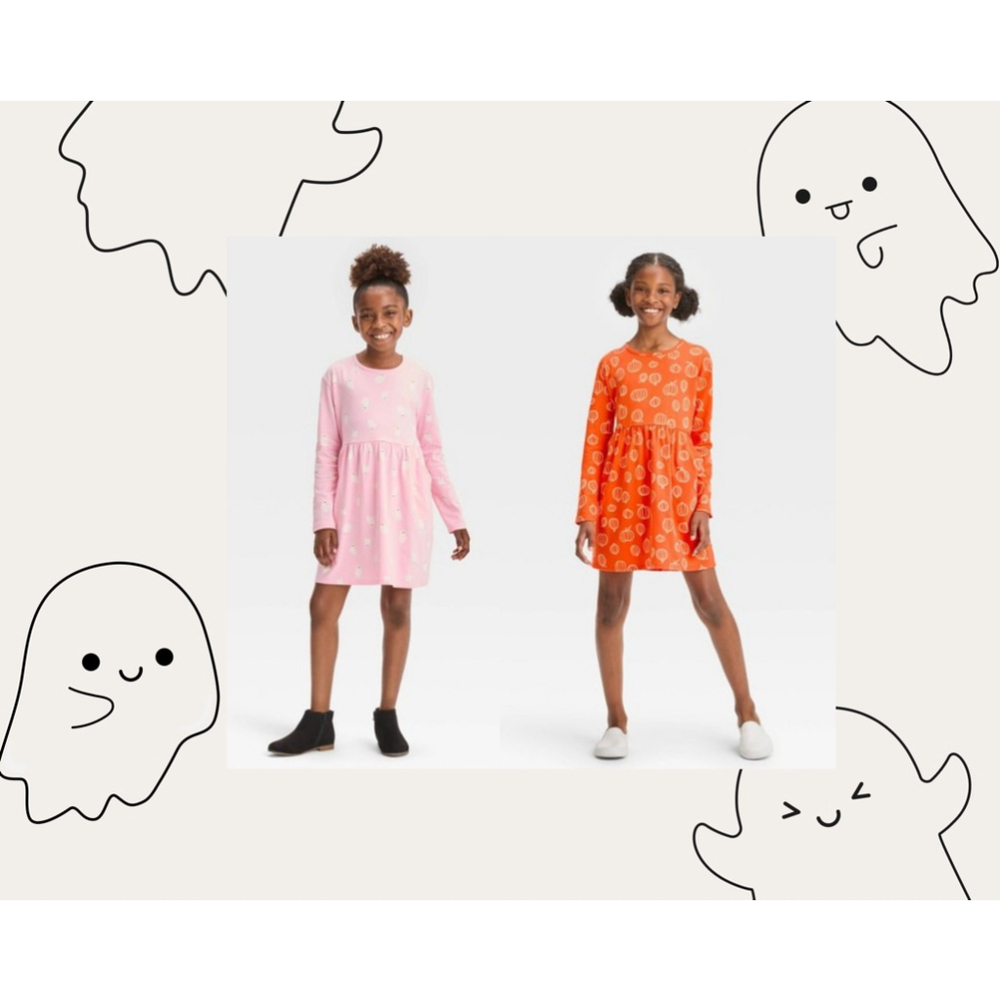 TWO XL (14) Cat and Jack girl dresses. Fall/ Halloween pink ghost and pumpkin - Picture 1 of 6